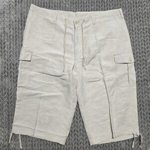 Cubavera Cargo Shorts Long Mens 42 Havana Night Linen Blend Drawstring Tan